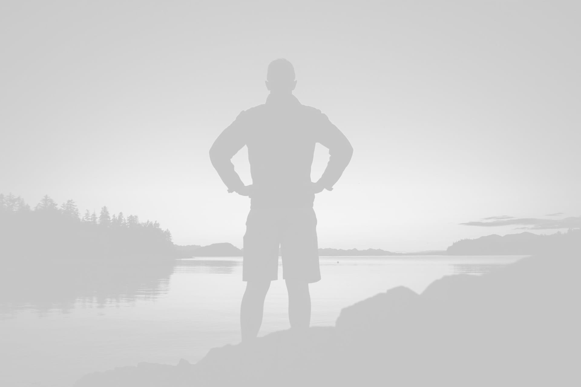 Person standing on a rocky shore overlooking calm water and distant trees.