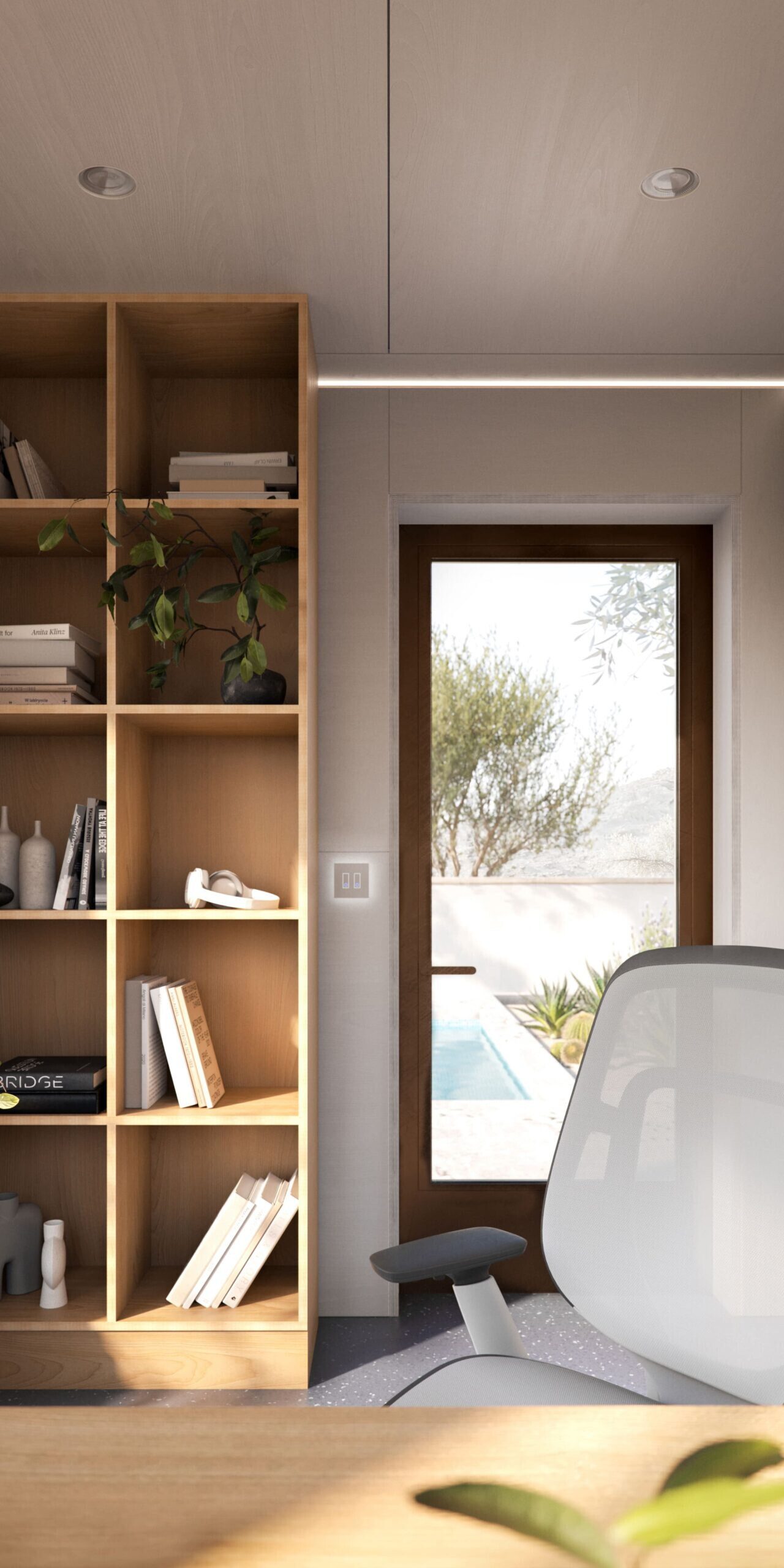 Modern home office with wooden shelves, plants, and a white ergonomic chair.