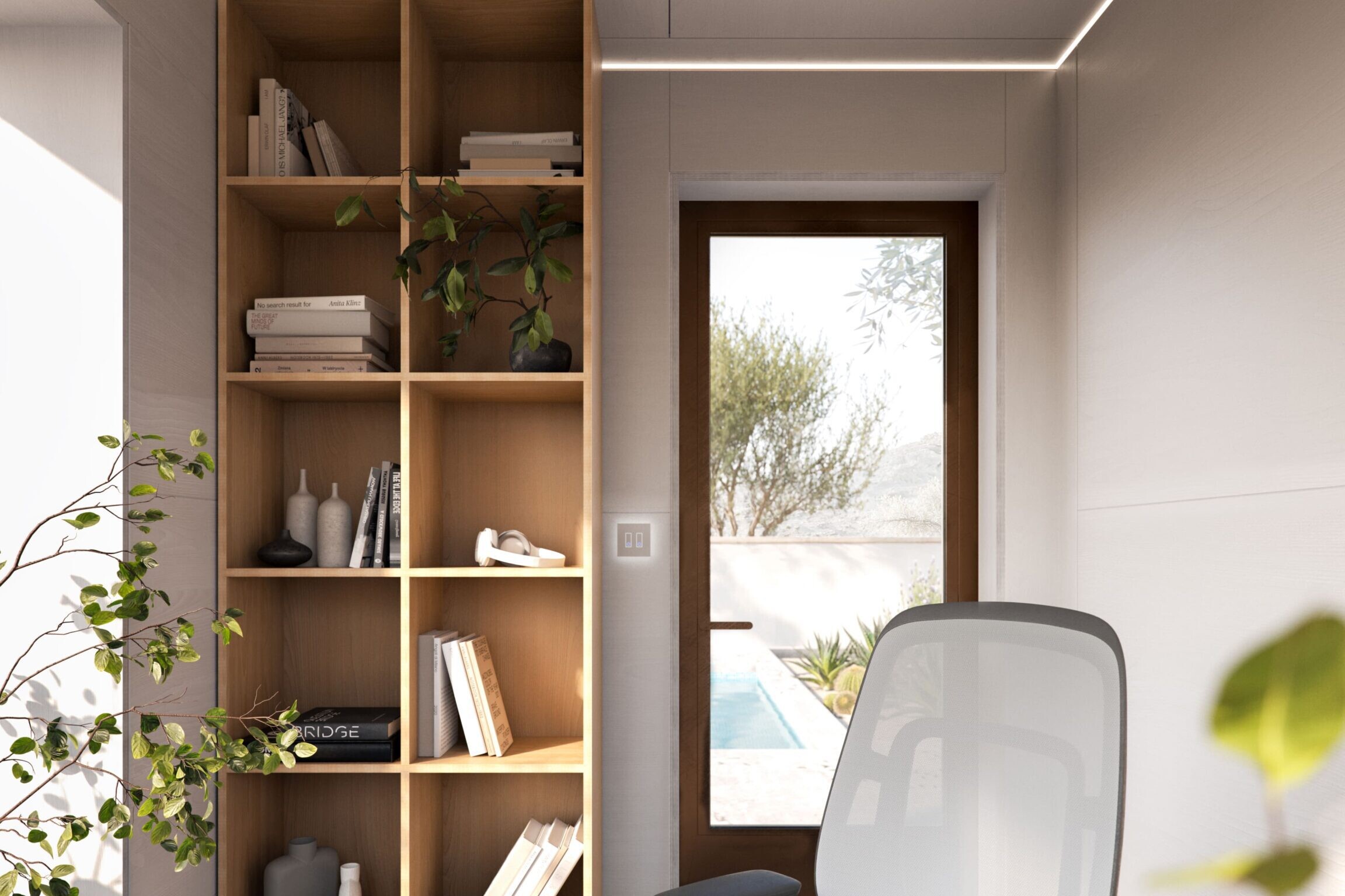 Modern home office with wooden shelves, plants, and a white ergonomic chair.