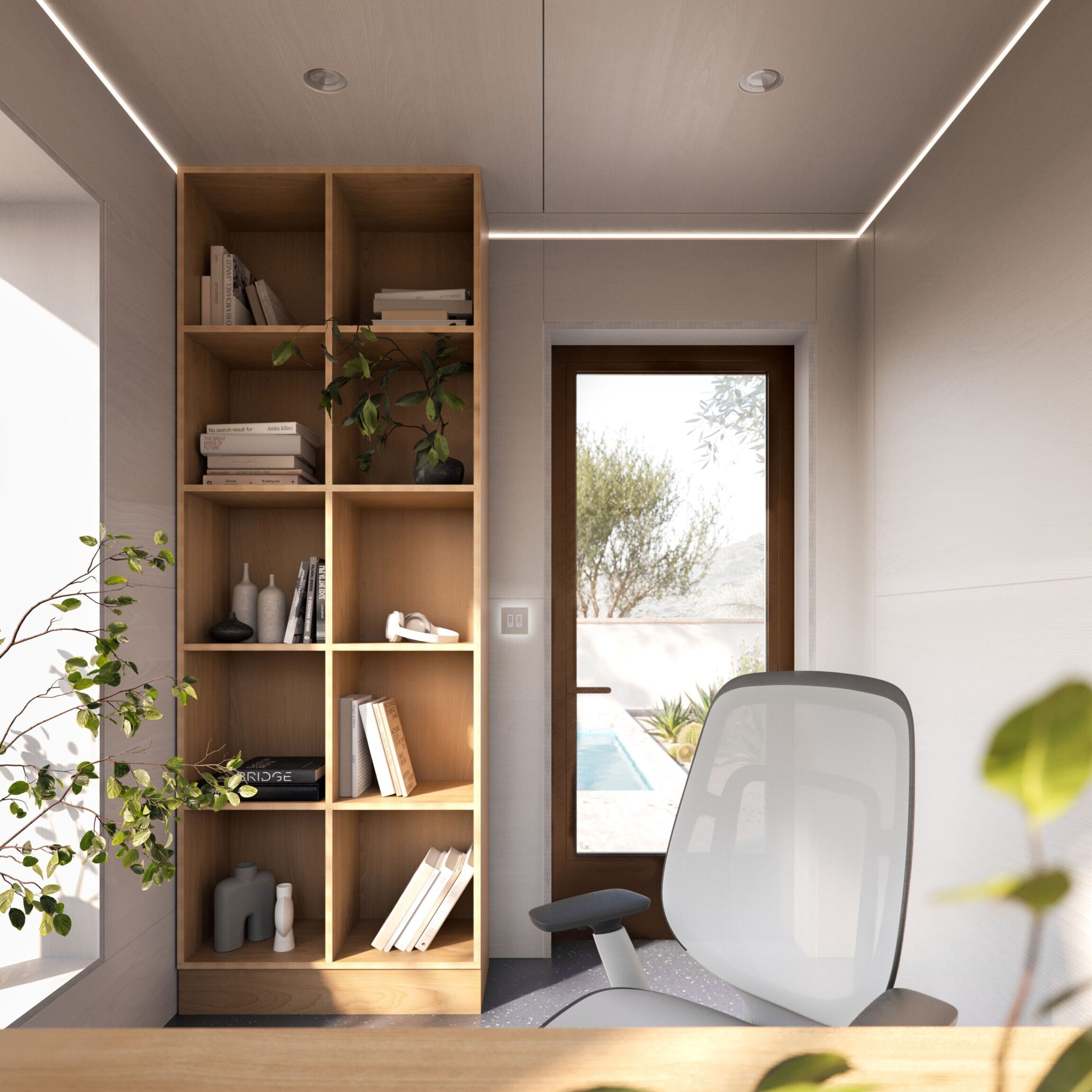 Modern home office with wooden shelves, plants, and a white ergonomic chair.
