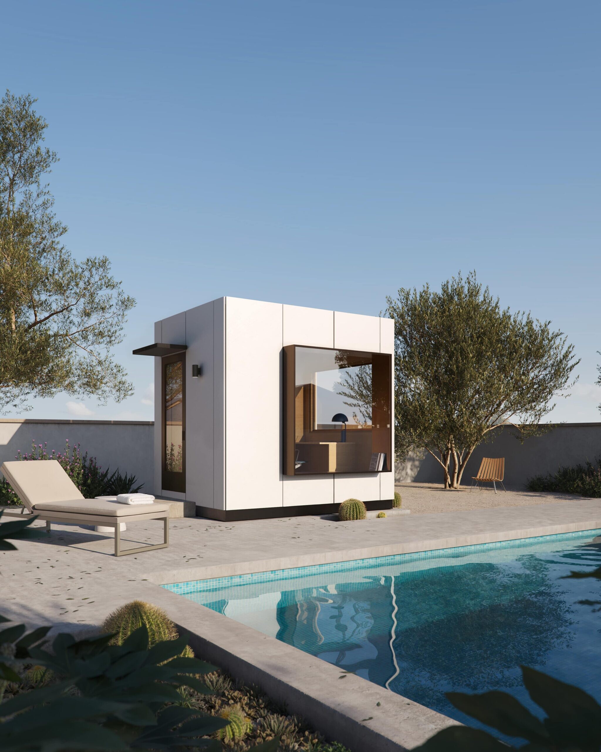 Modern tiny house with a pool in a serene backyard setting.