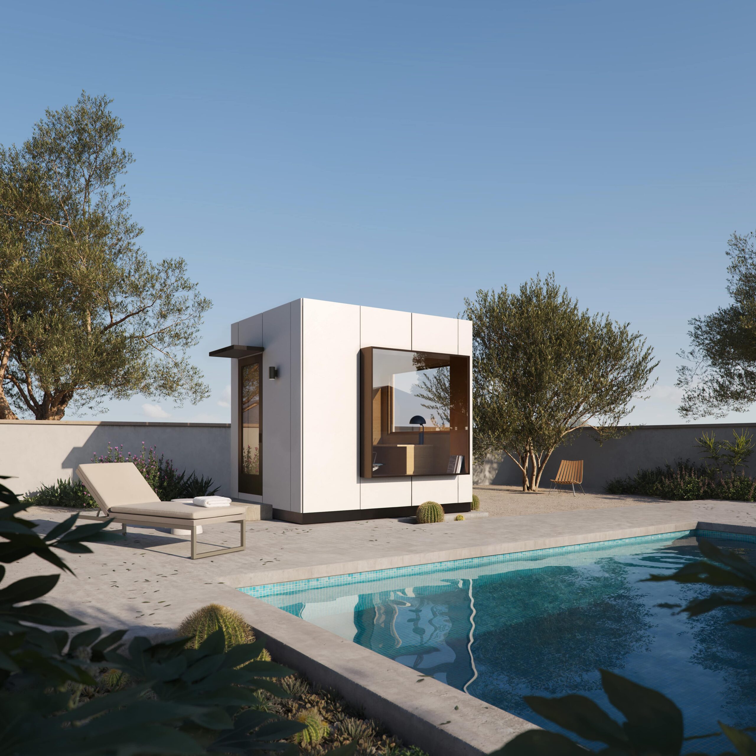 Modern tiny house with a pool in a serene backyard setting.