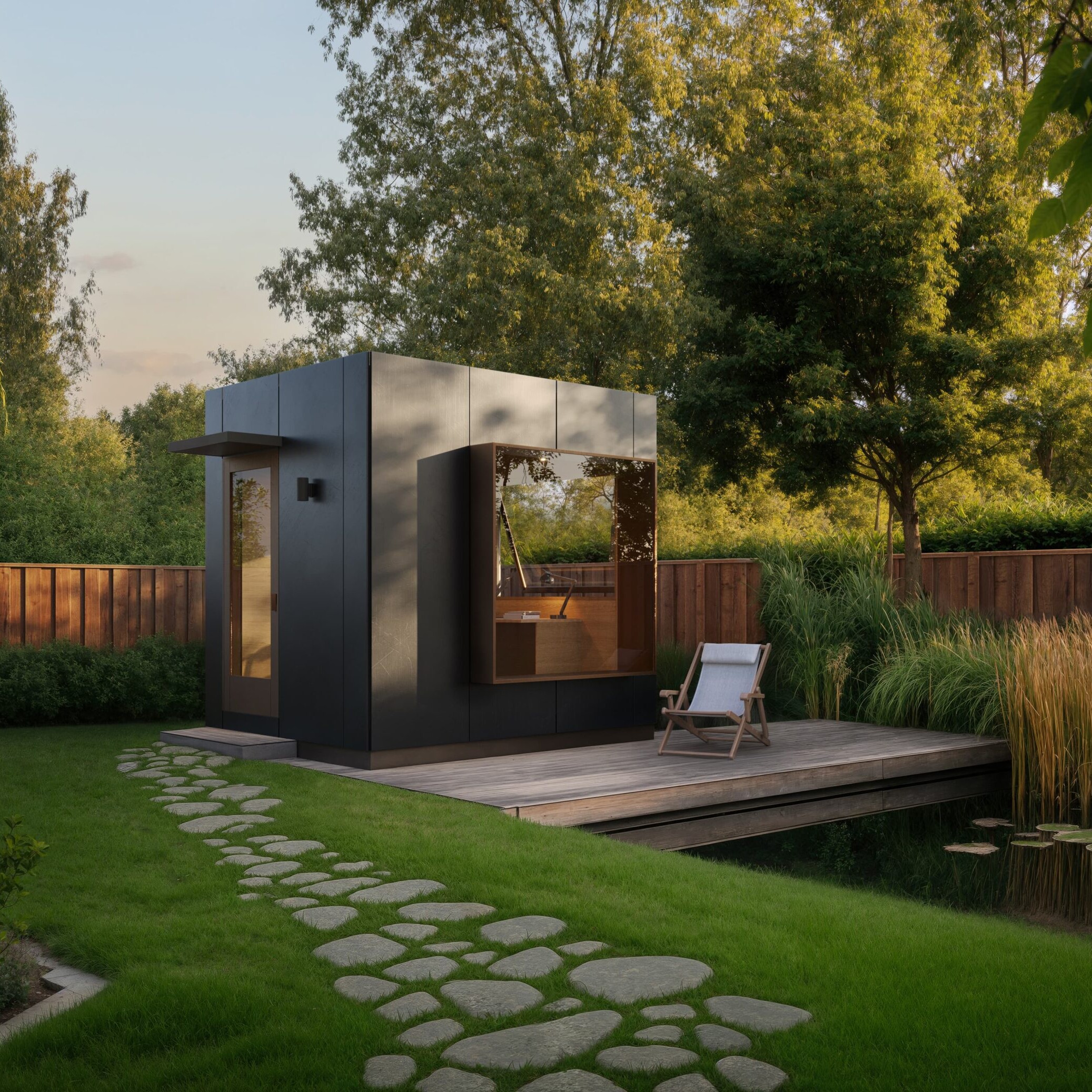 Uspace's Solo10 modern backyard office unit situated in a lush suburban landscape.