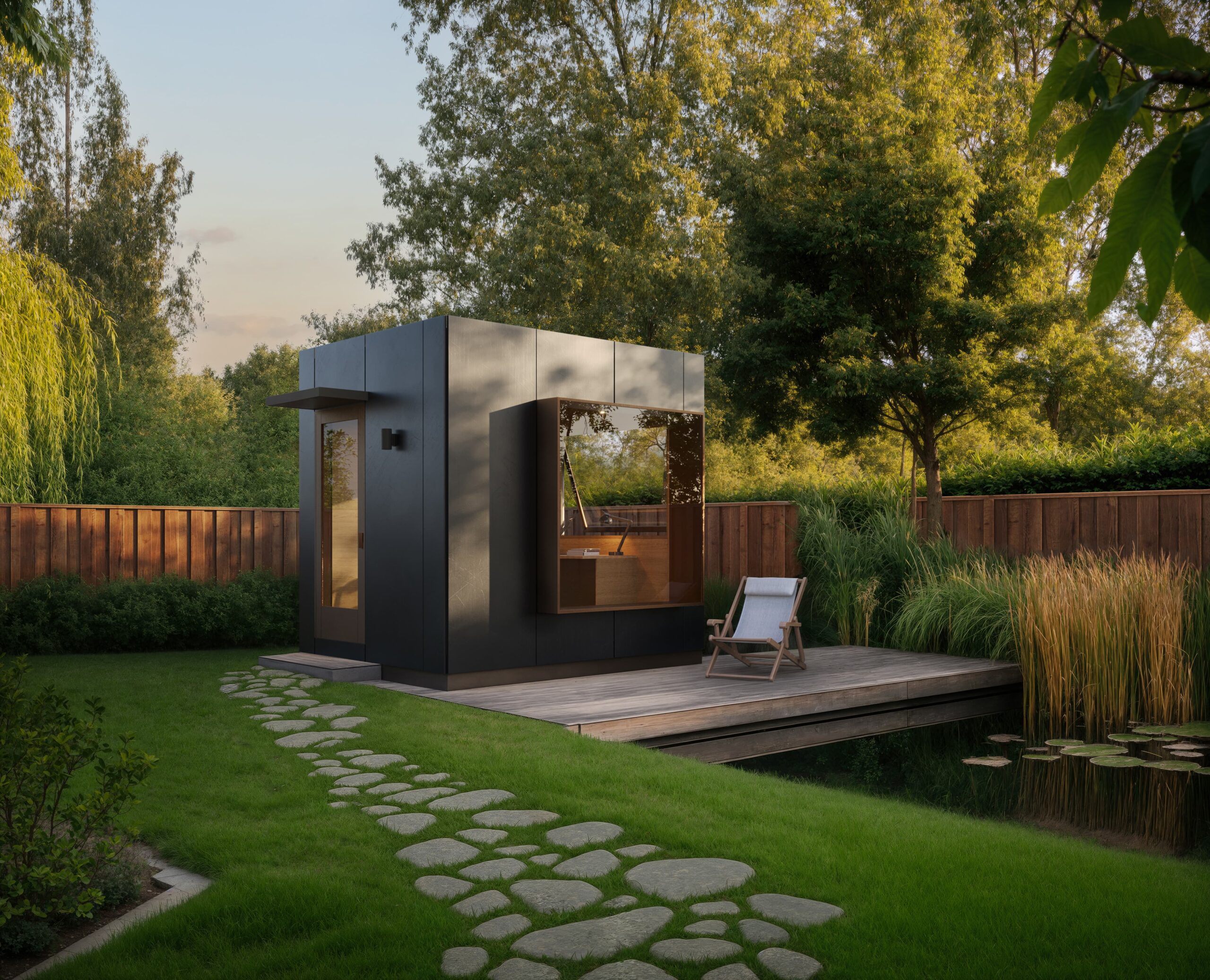 Uspace's Solo10 modern backyard office unit situated in a lush suburban landscape.