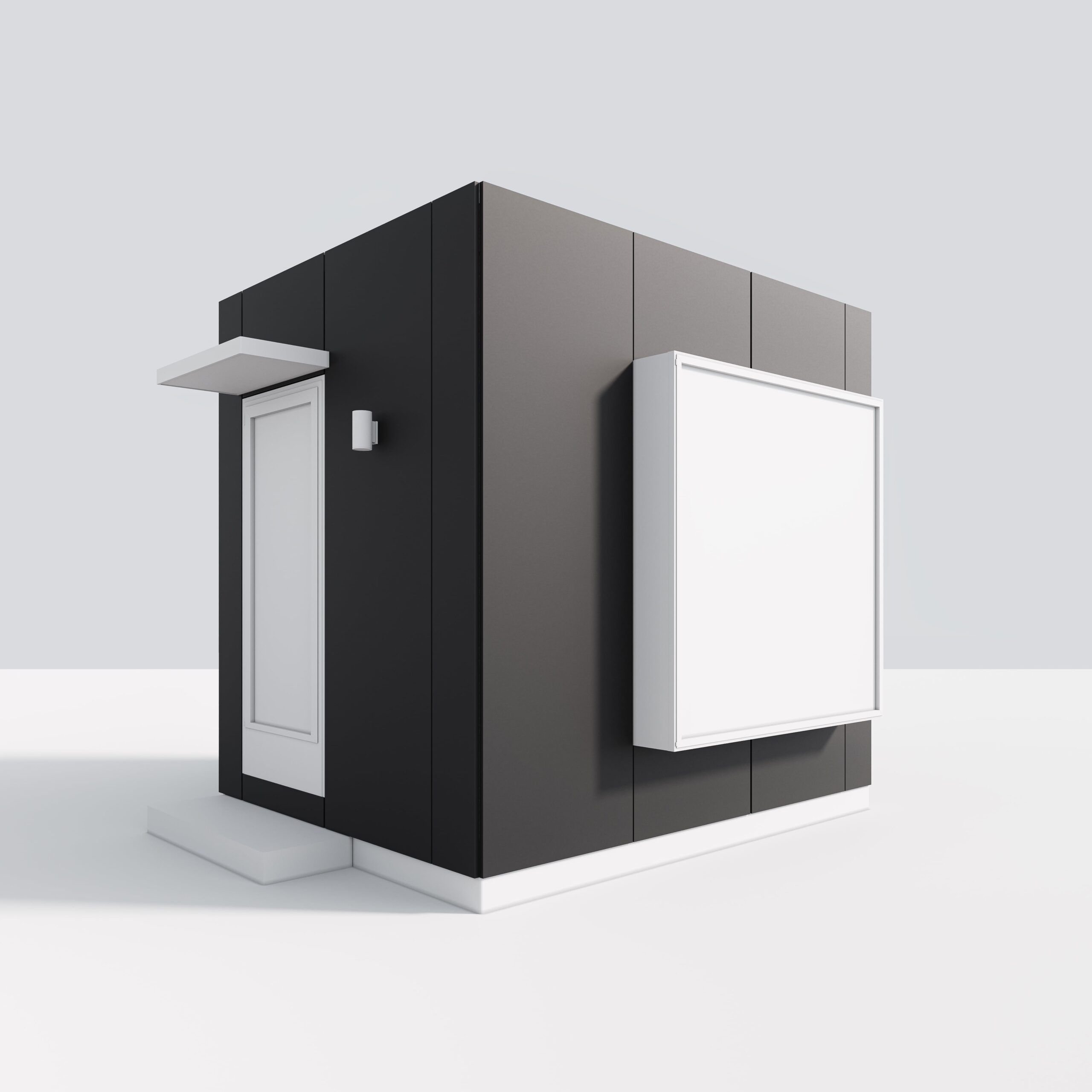 Minimalist black and gray cube-shaped kiosk with blank white signage.
