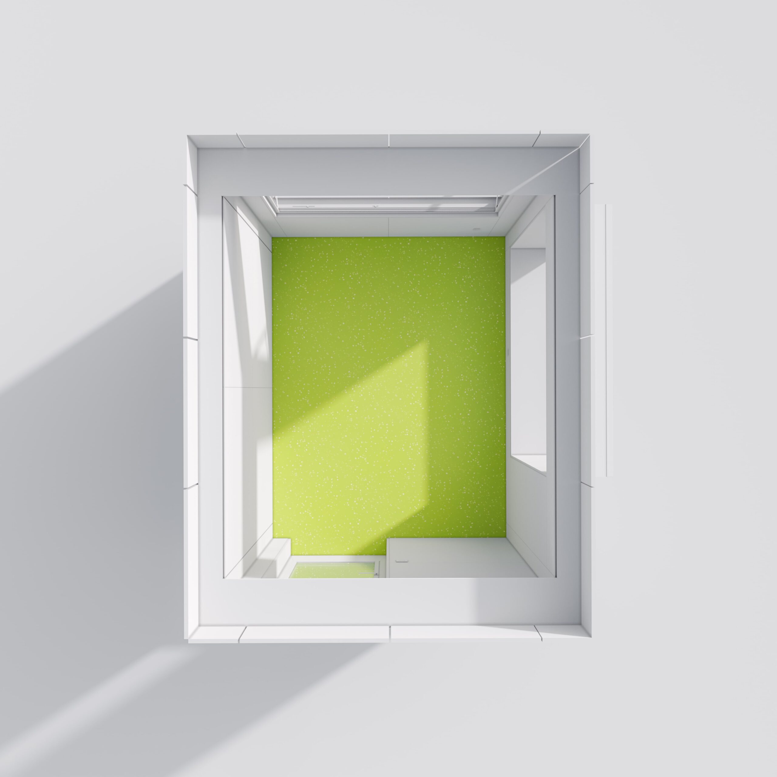 A minimalist white window frame with a bright green wall inside.