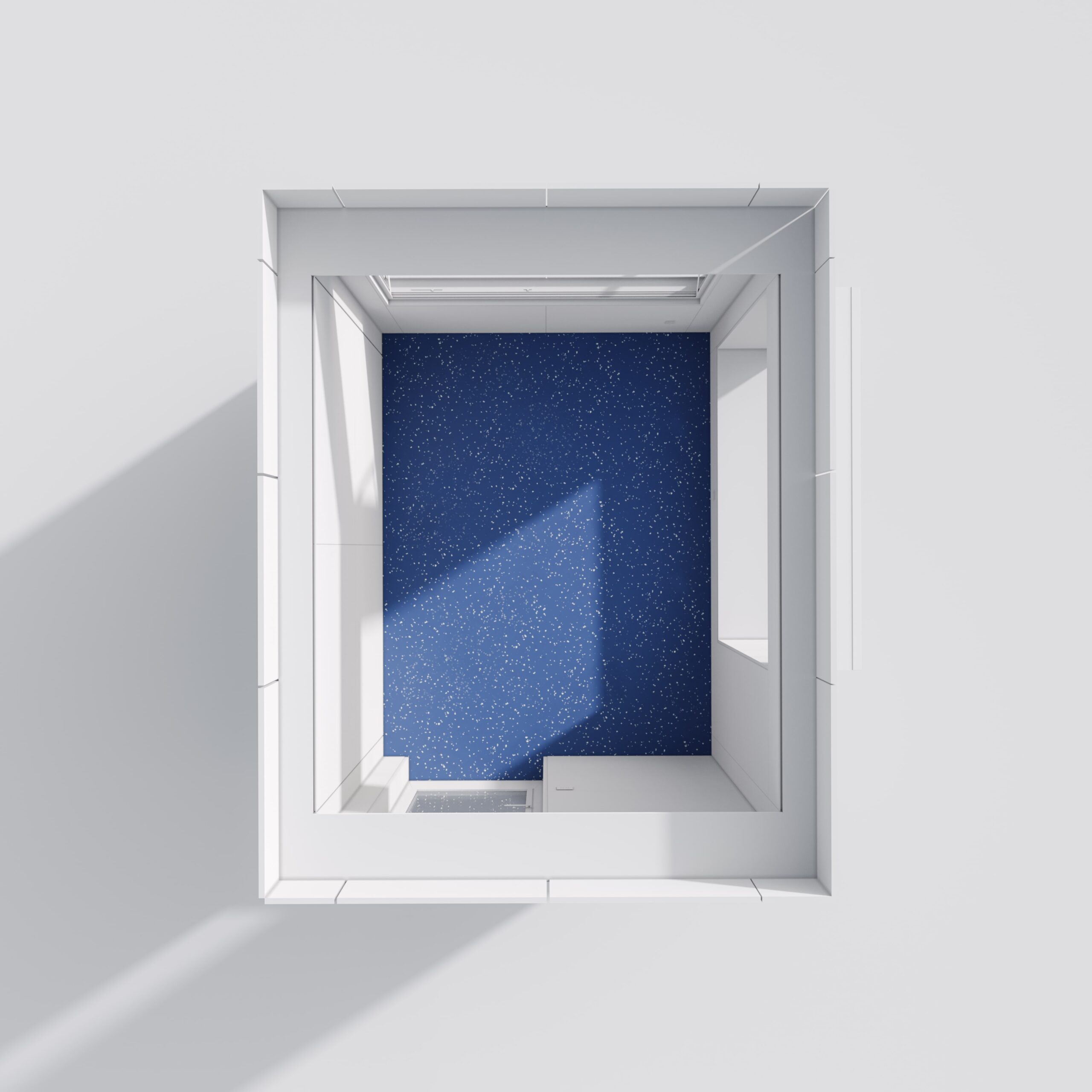 Minimalist white window casting shadows on a blue wall.