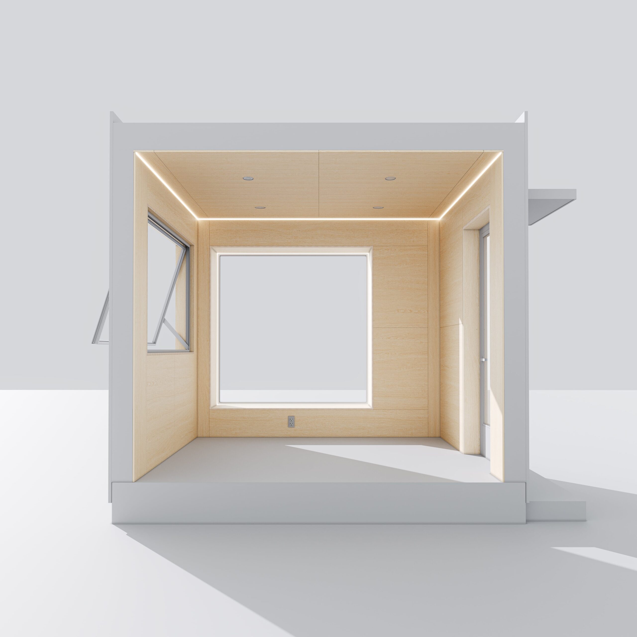 Minimalist room with wooden walls and large windows.