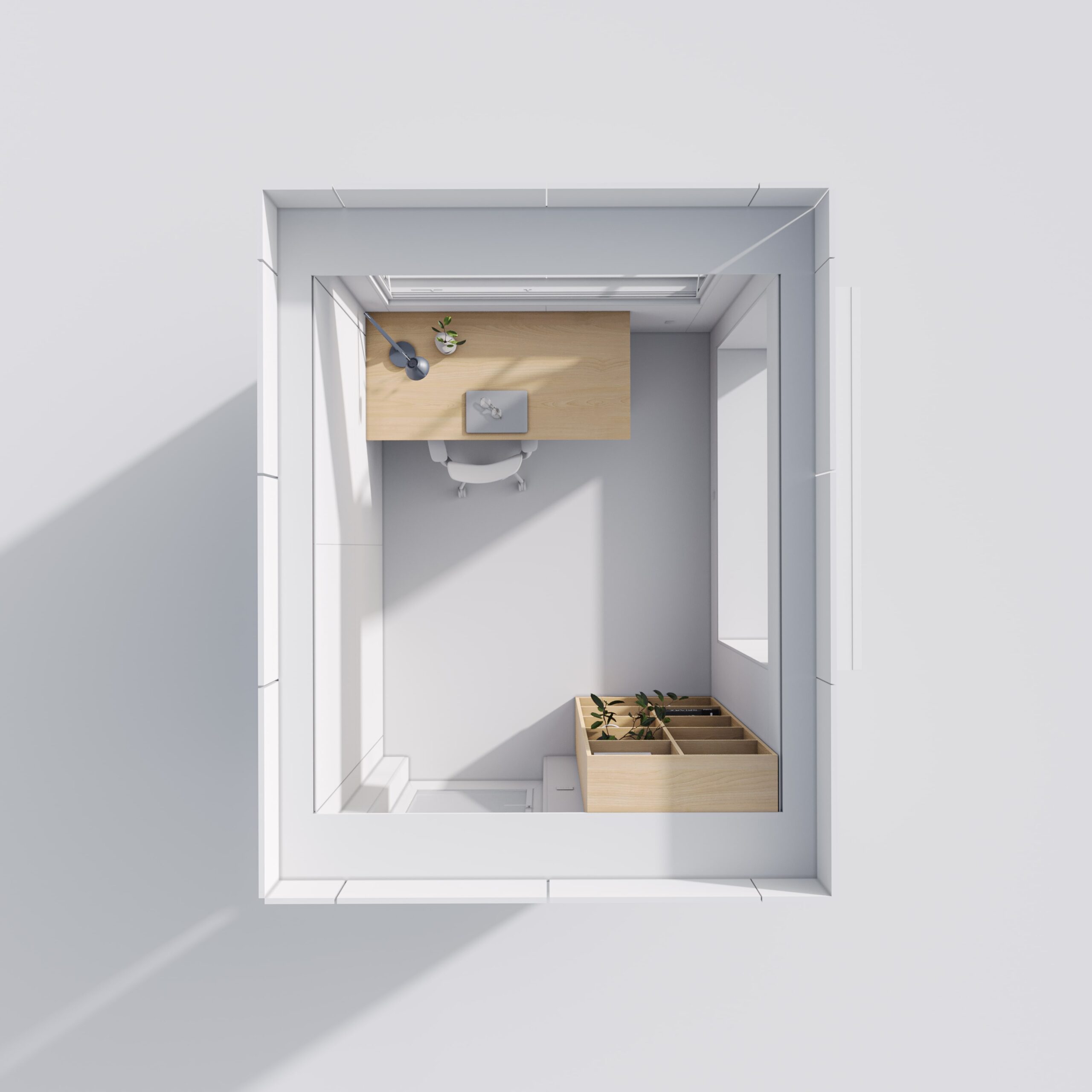 Minimalist white architectural model with shadows and open spaces.