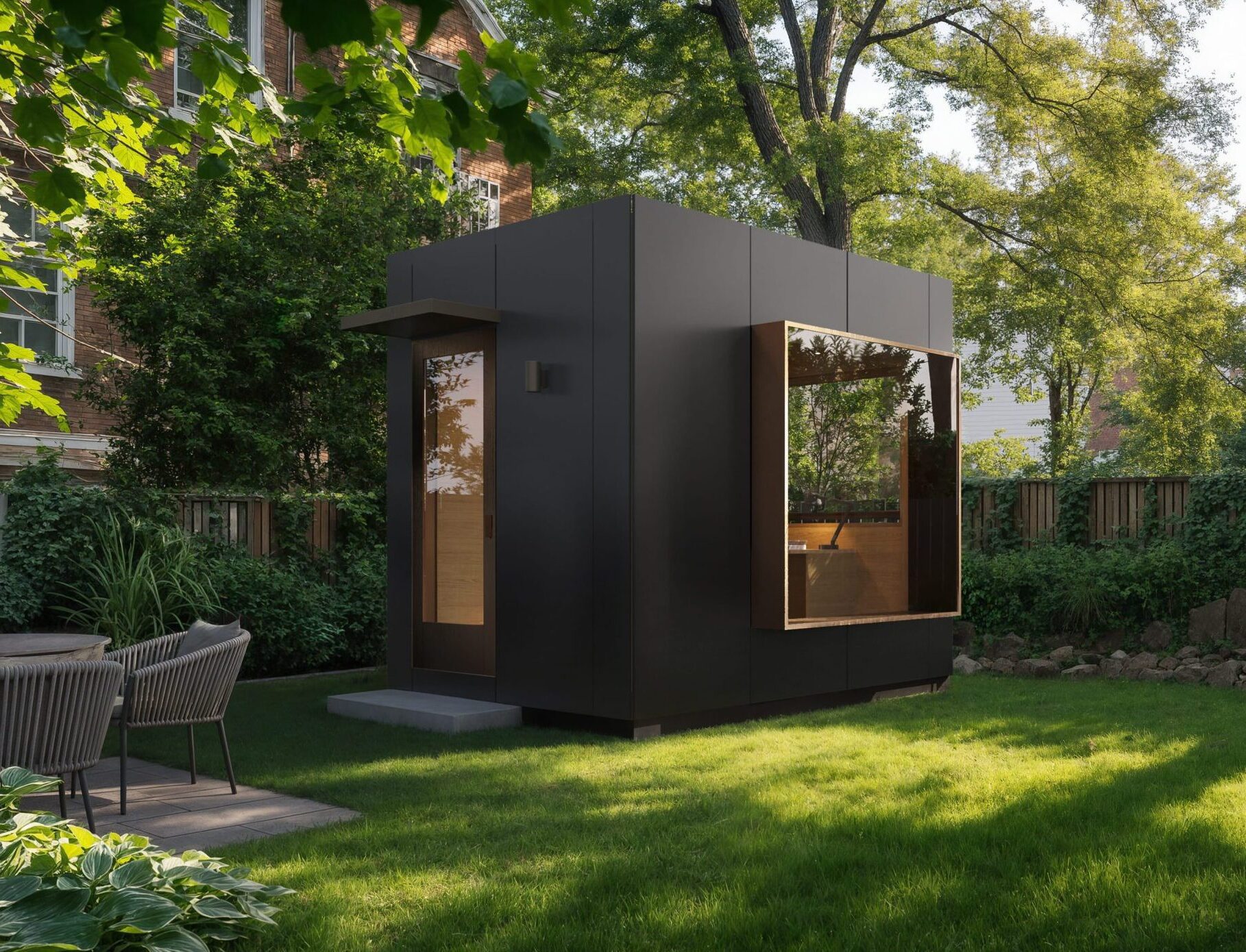 Modern tiny house with a grassy urban lawn in a serene backyard setting.