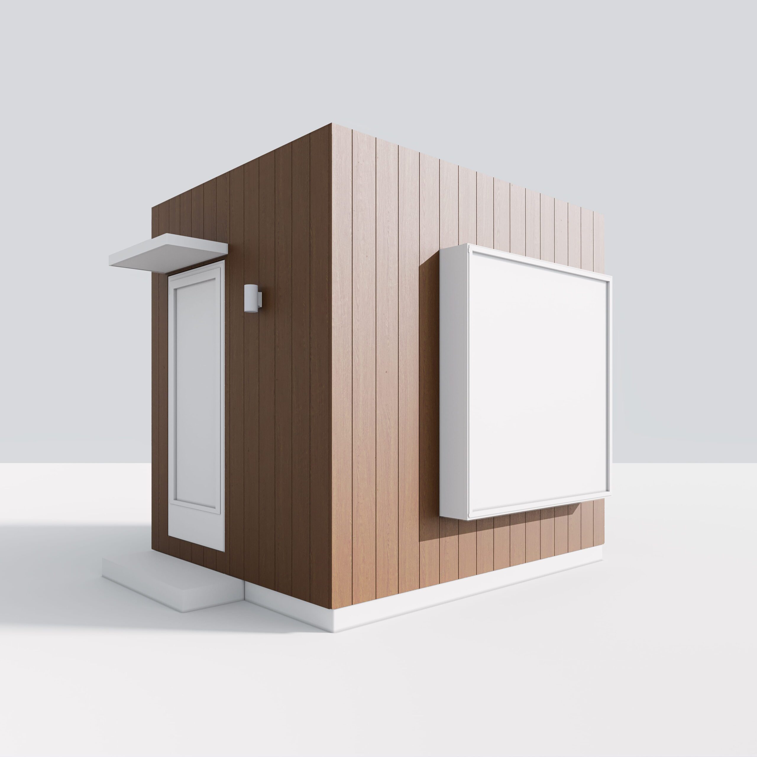 Modern brown wooden kiosk with a blank white display board.